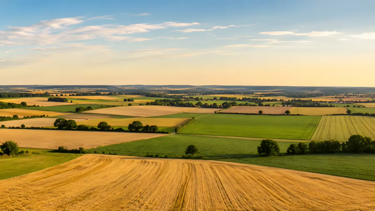 Weite Agrarlandschaft im goldenen Abendlicht
