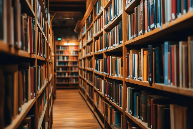 Weite Bibliotheksregale voller Bücher in Holzoptik