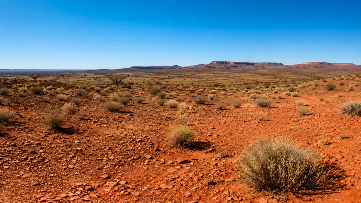 Weite Wüstenlandschaft mit rotem Sand und Tafelbergen