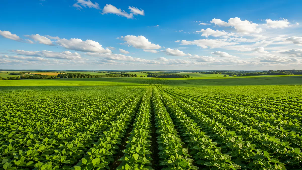 Weites Sojafeld unter blauem Sommerhimmel