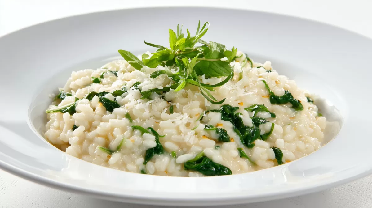 Weizen Risotto mit Spinat und Parmesan im Teller