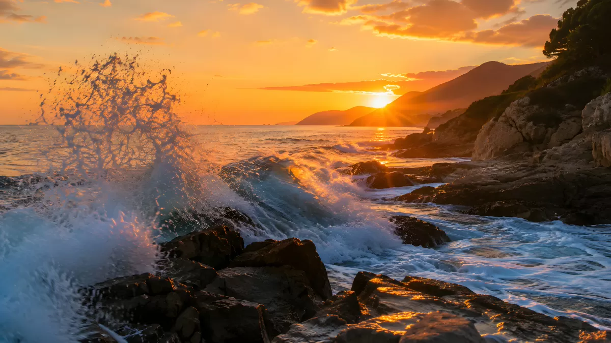 Wellen brechen bei Sonnenuntergang an Felsenküste
