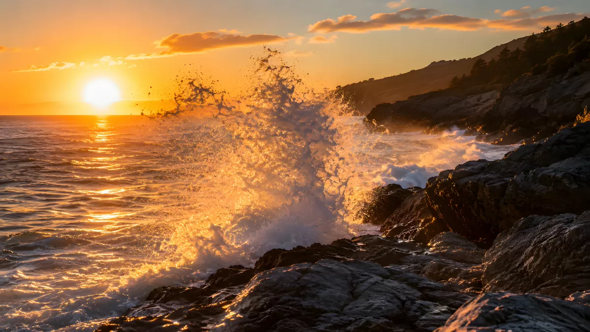 Wellen brechen bei Sonnenuntergang an Felsküste