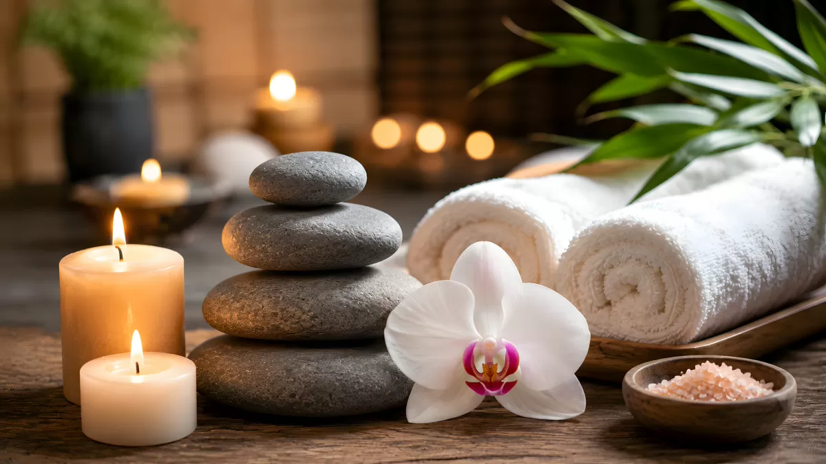 Wellness-Arrangement mit Kerzen, Steinen und Orchidee