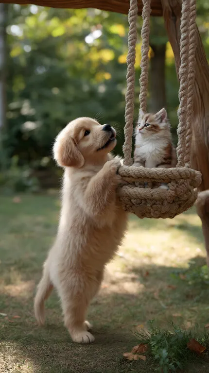 Welpe beobachtet Kätzchen in rustikaler Schaukel