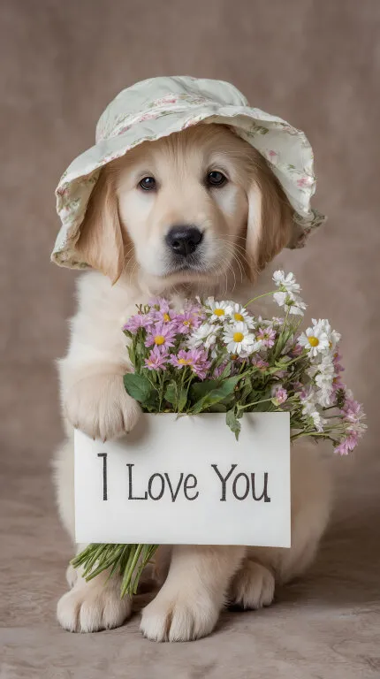 Welpe mit Hut hält Blumenstraß und Liebesschild