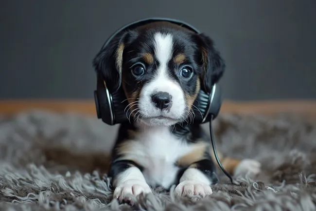 Welpe mit Kopfhörern auf Fell