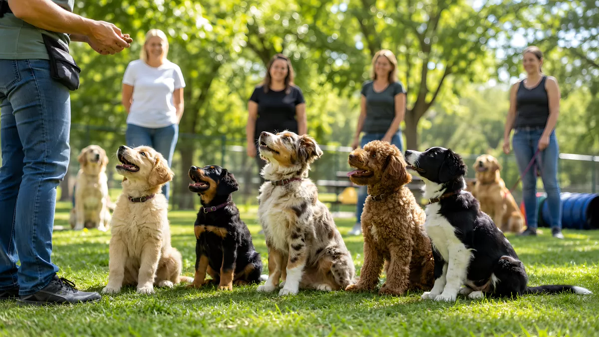 Welpengruppe beim Hundetraining im Freien