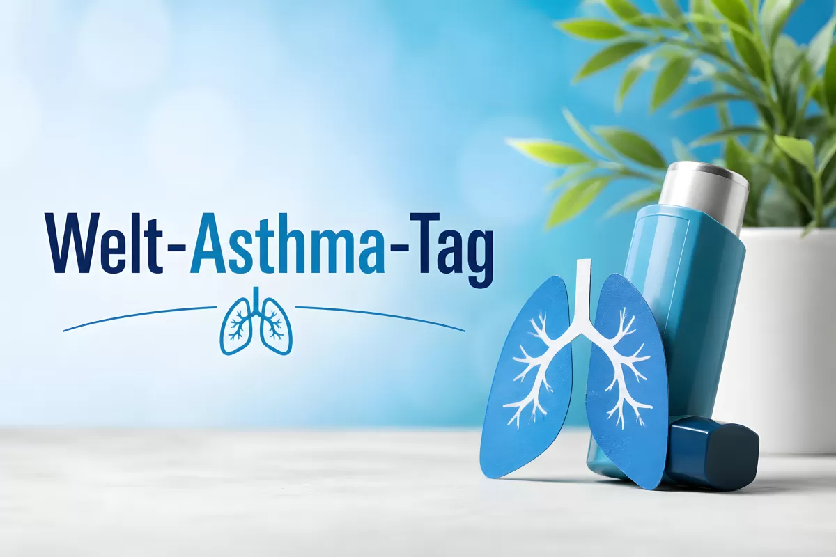 Welt-Asthma-Tag mit Inhalator und Lungen-Symbol