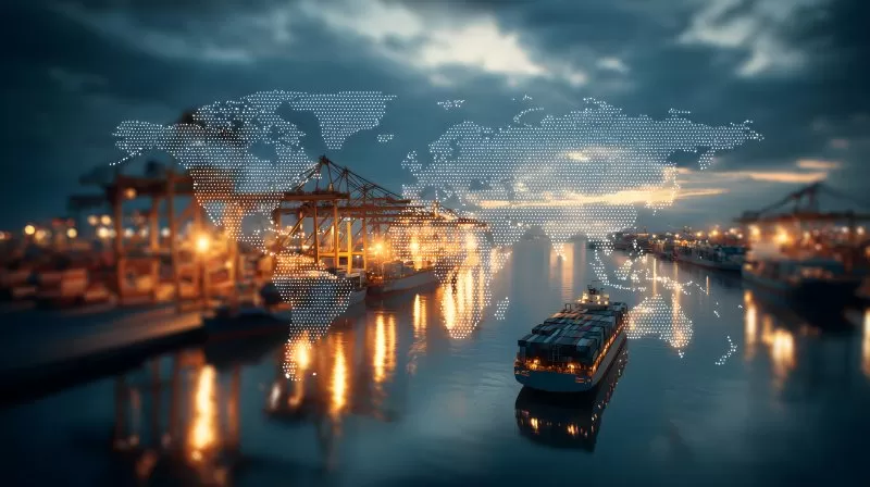 Weltkarte Logistik Hafen mit Containerschiff bei Sonnenuntergang