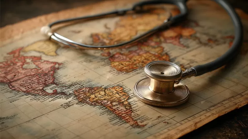 Weltkarte mit Stethoskop als Symbol für globale Gesundheit