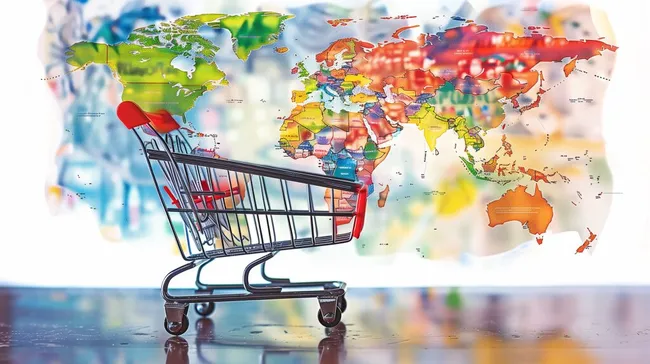 Weltkarte und Einkaufswagen - Global vernetzter Handel