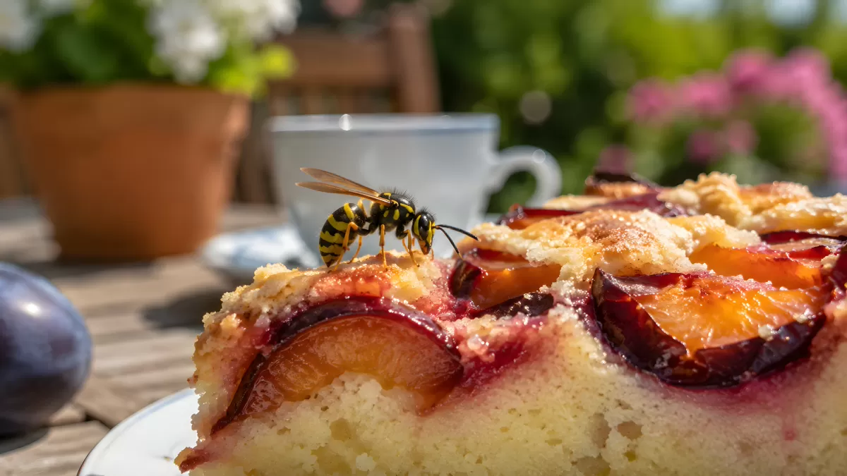 Wespe auf Pflaumenkuchen im sommerlichen Garten