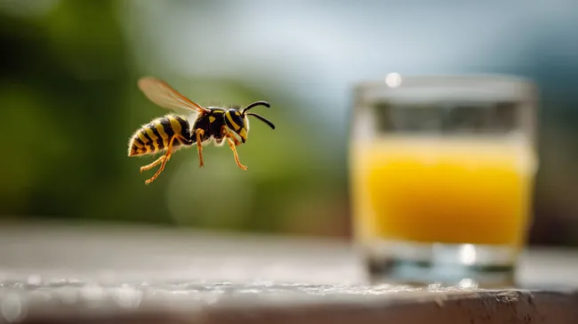Wespe beim Trinken von Orangensaft in der Sommersonne