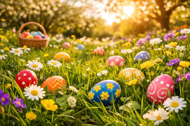 Wetter zu Ostern: Bunte Ostereier im frühlingshaften Garten