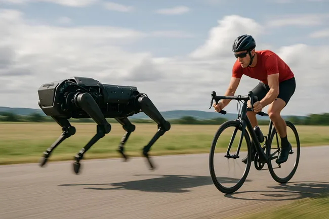 Wettkampf zwischen Radfahrer und Roboterhund