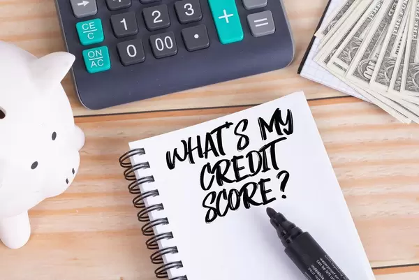 What's my credit score text in notebook with piggy bank and calculator on wooden table