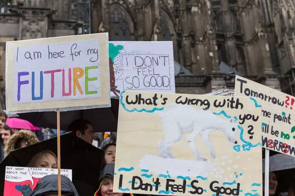 'What's wrong with you? - I don't feel so good' - sign with a thin icebear illustration at Fridays For Future Cologne