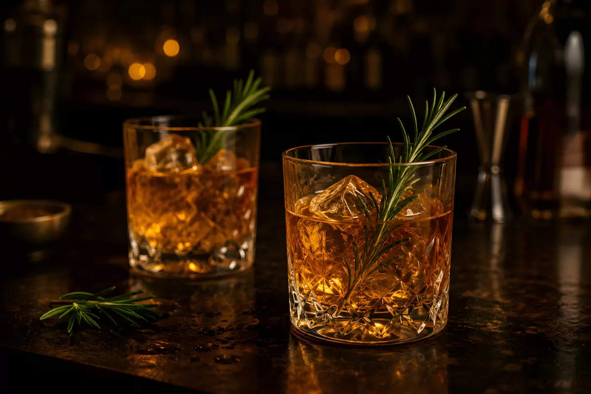 Whisky auf Eis mit Rosmarin in Kristallgläsern