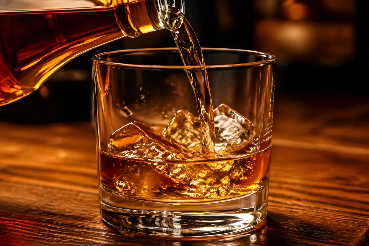 Whisky auf Eis wird in Kristallglas eingeschenkt