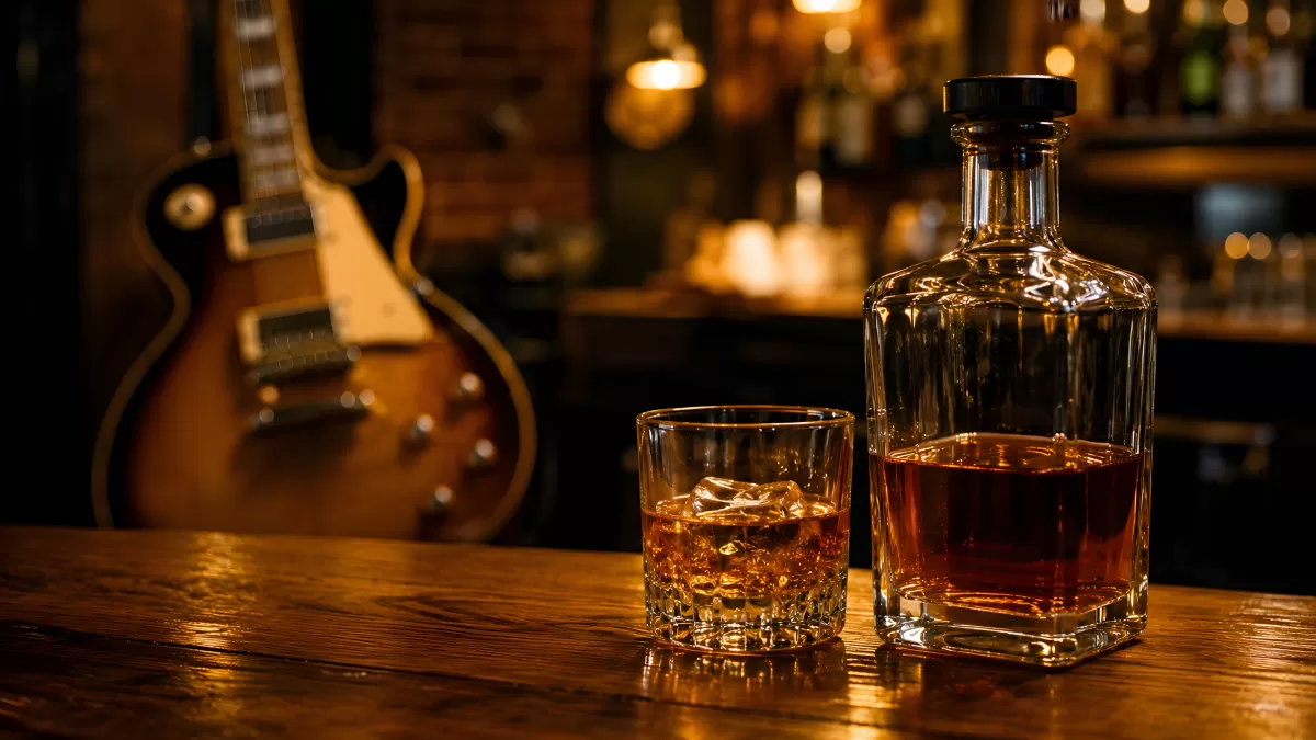 Whisky-Dekanter mit Glas auf Holztheke im Bar-Ambiente
