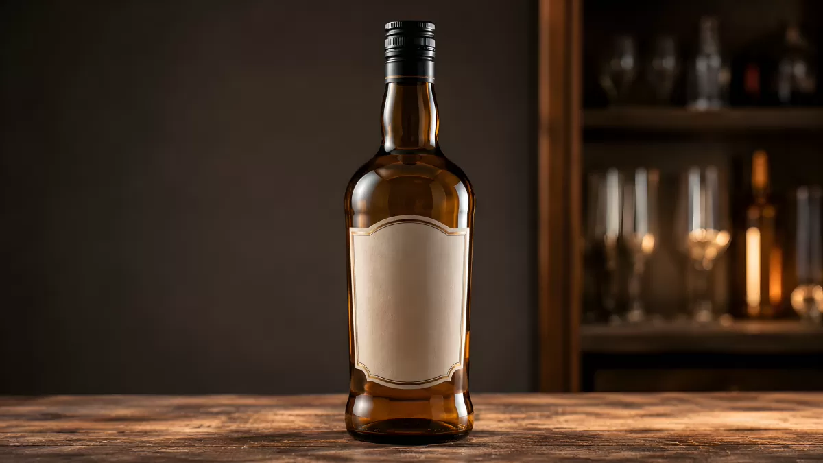 Whisky-Flasche mit leerem Etikett auf Holztisch