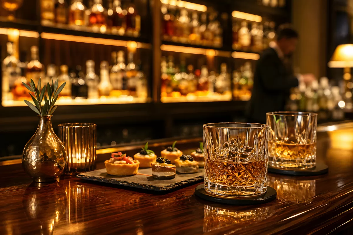 Whisky mit Eis in Kristallglas an edler Hotelbar