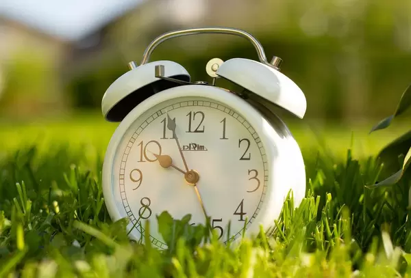 White alarm clock on green grass with sunlight blur