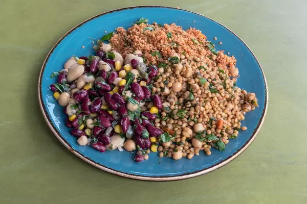 White beans and red beans, couscous, wheat, chickpeas