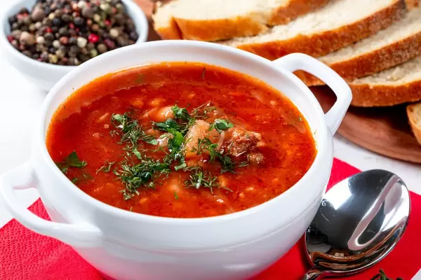 White bowl of traditional Ukranian soup borsch