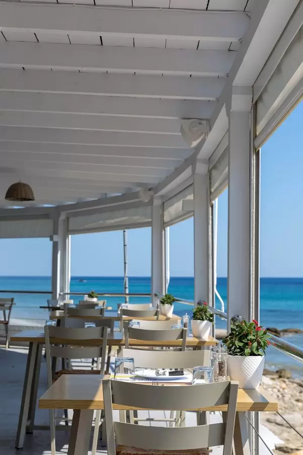 White, bright interior at Aelia Restaurant Kassandra