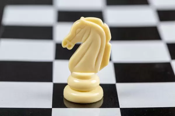 White chess horse piece on the board background