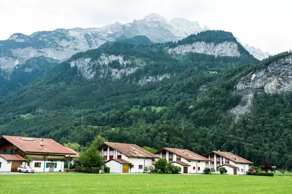 White houses in the Meiringen valley, Switzerland