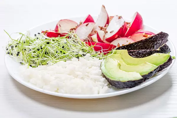 White rice with vegetables and micro-green onions (Flip 2019)