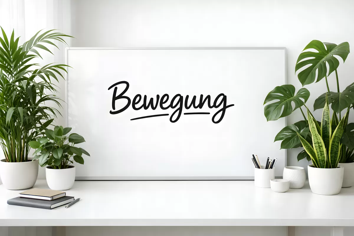 Whiteboard mit deutschem Wort Bewegung und Zimmerpflanzen
