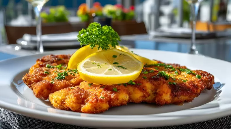 Wiener schnitzel with lemon slices and parsley