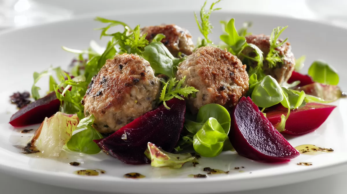 Wild Frikadellen mit Bete Gemüse und Feldsalat