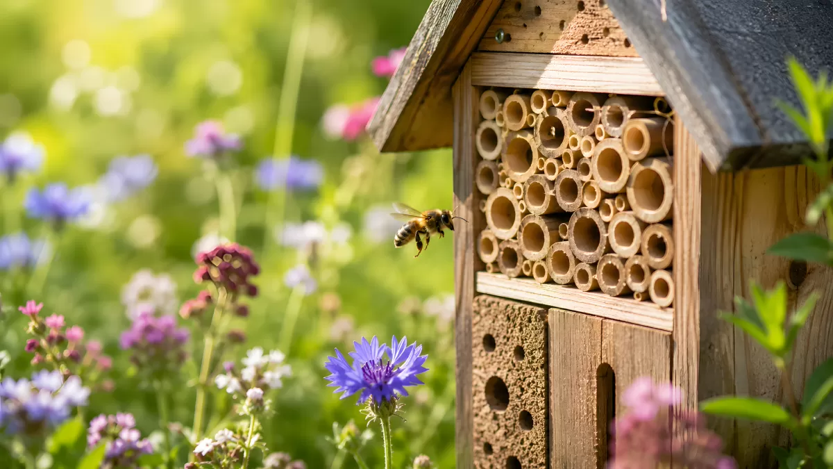 Wildbiene fliegt zu einem Insektenhotel im Blumengarten