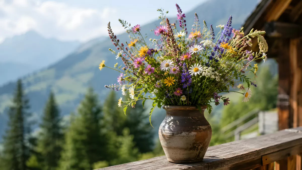 Wildblumenstrauß in alter Vase auf Almhütten-Balkon