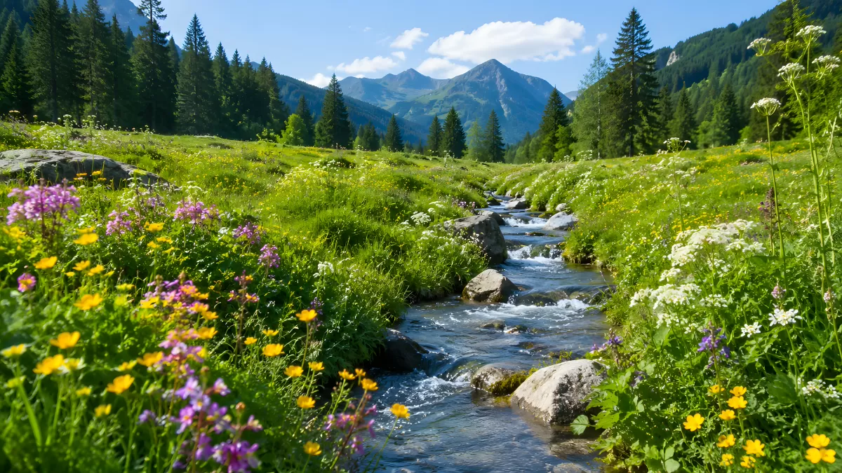Wildblumenwiese mit Bach und Alpenkulisse im Sommer