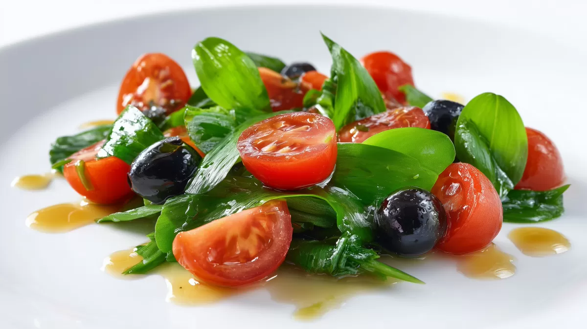 Wilder Bärlauch Tomaten Salat mit schwarzen Oliven