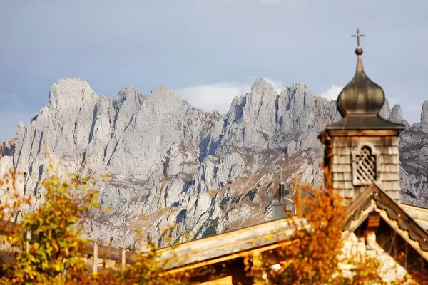 Wilder Kaiser on background and Brenner Alm chapel on foreground, Austria (Flip 2019)