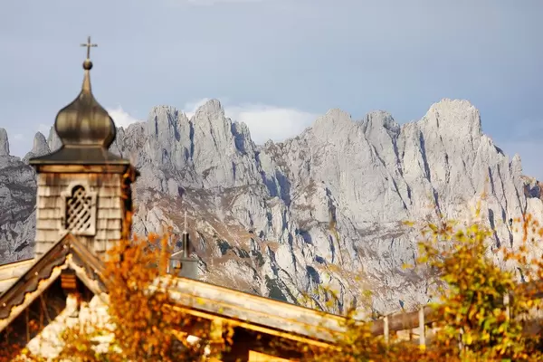 Wilder Kaiser on background and Brenner Alm chapel on foreground, Austria