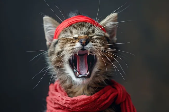 Wilder Katzengesichtsausdruck mit roter Kopfbedeckung