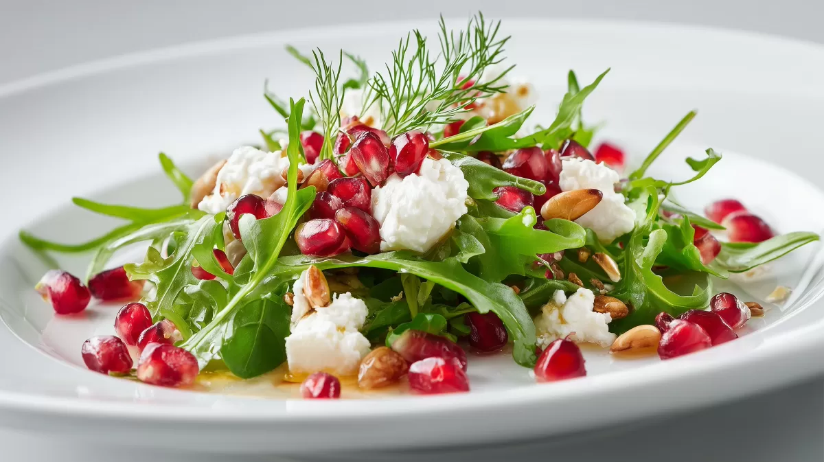 Wildkräutersalat mit Feta und Granatapfel auf Teller