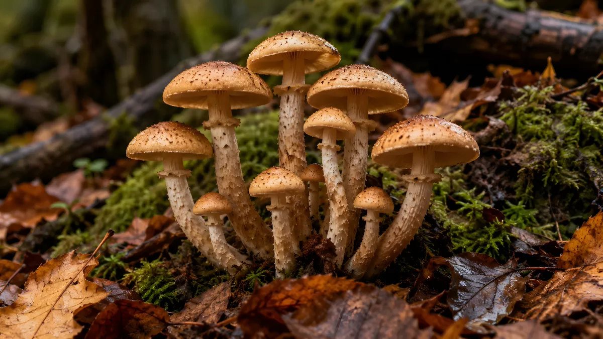 Wildpilze im Herbstwald auf Moos und Laub