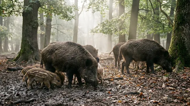 Wildschweine mit Jungen im nebeligen Waldland