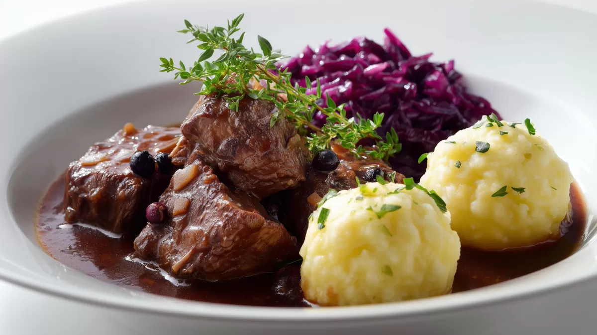Wildschweinragout mit Rotkohl und Kartoffelklößen