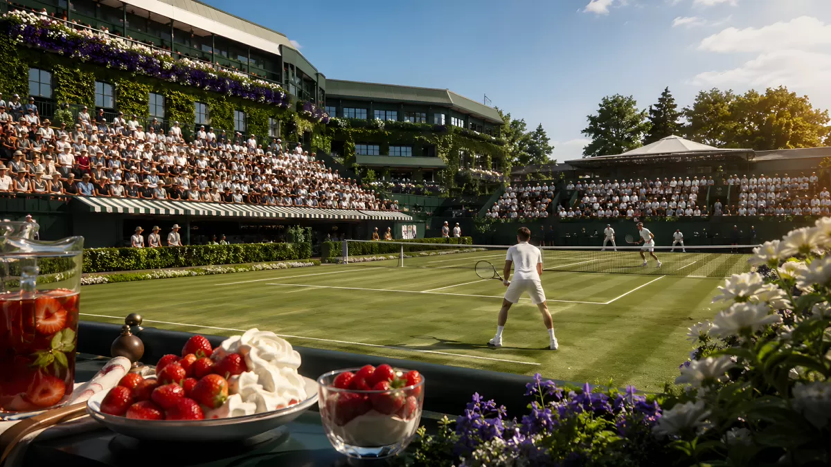 Wimbledon-Tennismatch mit Erdbeeren im Vordergrund