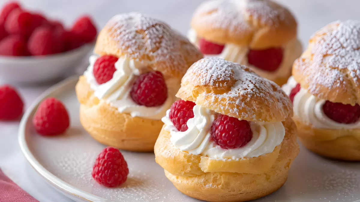 Windbeutel mit Sahne und frischen Himbeeren